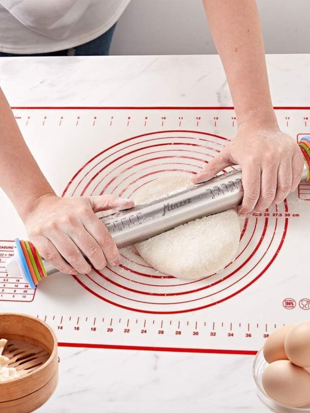 Rolling Pin and Silicone Baking Pastry Mat Set, Stainless Steel Dough Roller, Ro - Picture 7 of 8